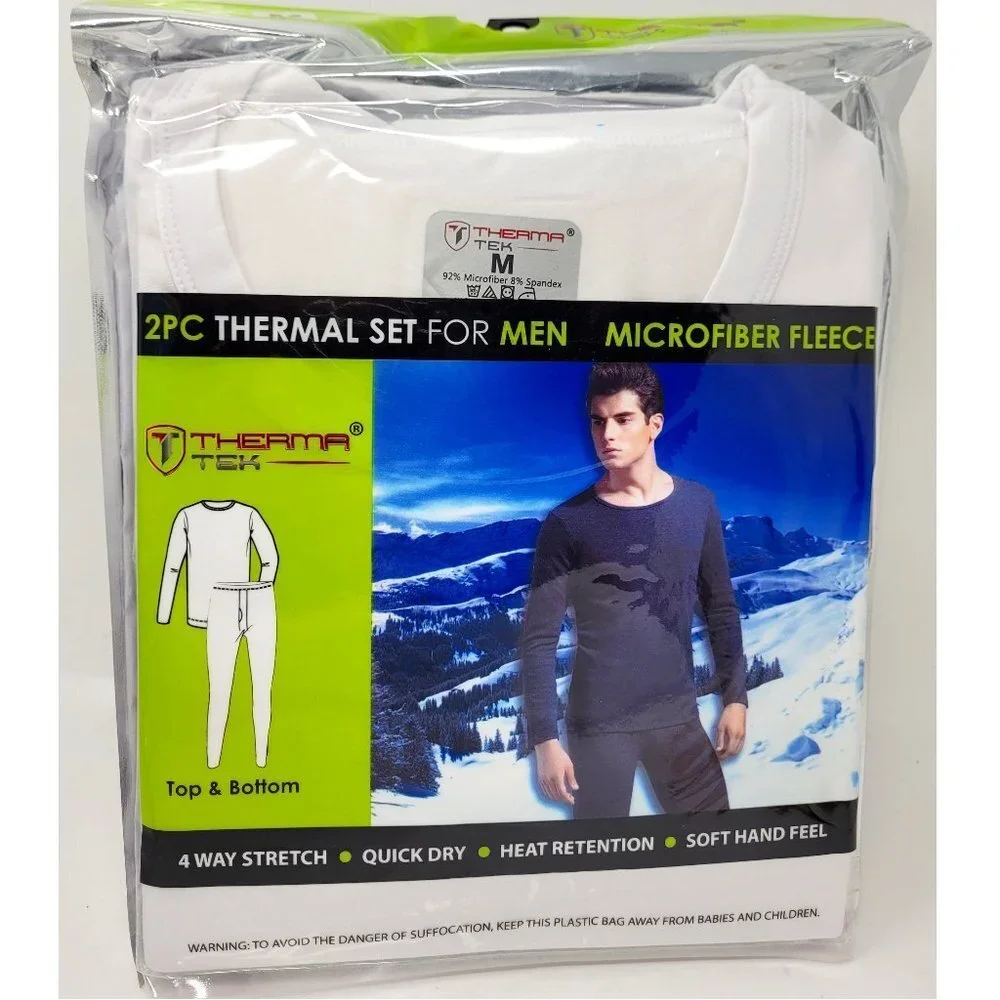 Men's Thermal Long Johns Warm Underwear Set, Microfiber Fleece, White